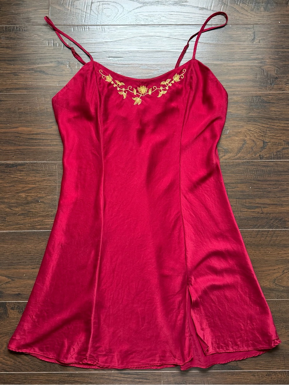 90s Victoria’s Secret Silk Deep Red Gilded Gold Embroidery Vintage Slip Dress M